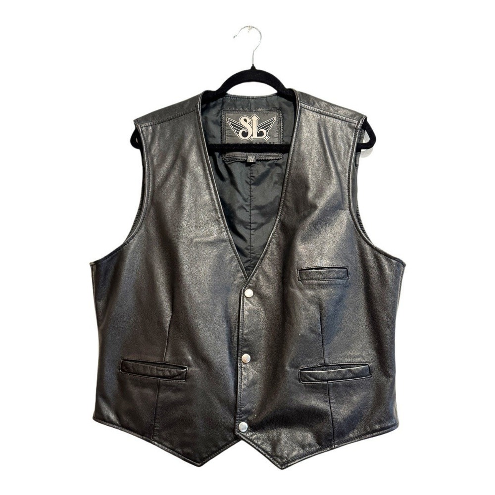 VTG! Street Legal‎ Black 100% Leather Biker Motorcycle Vest 44 90s Grunge Rustic